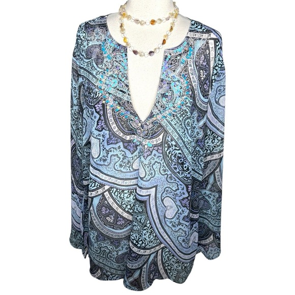 Lane Bryant Plus Blue Printed Sheer Beaded Blouse Top Tunic‎ Womens Size 18/20 - Picture 1 of 7